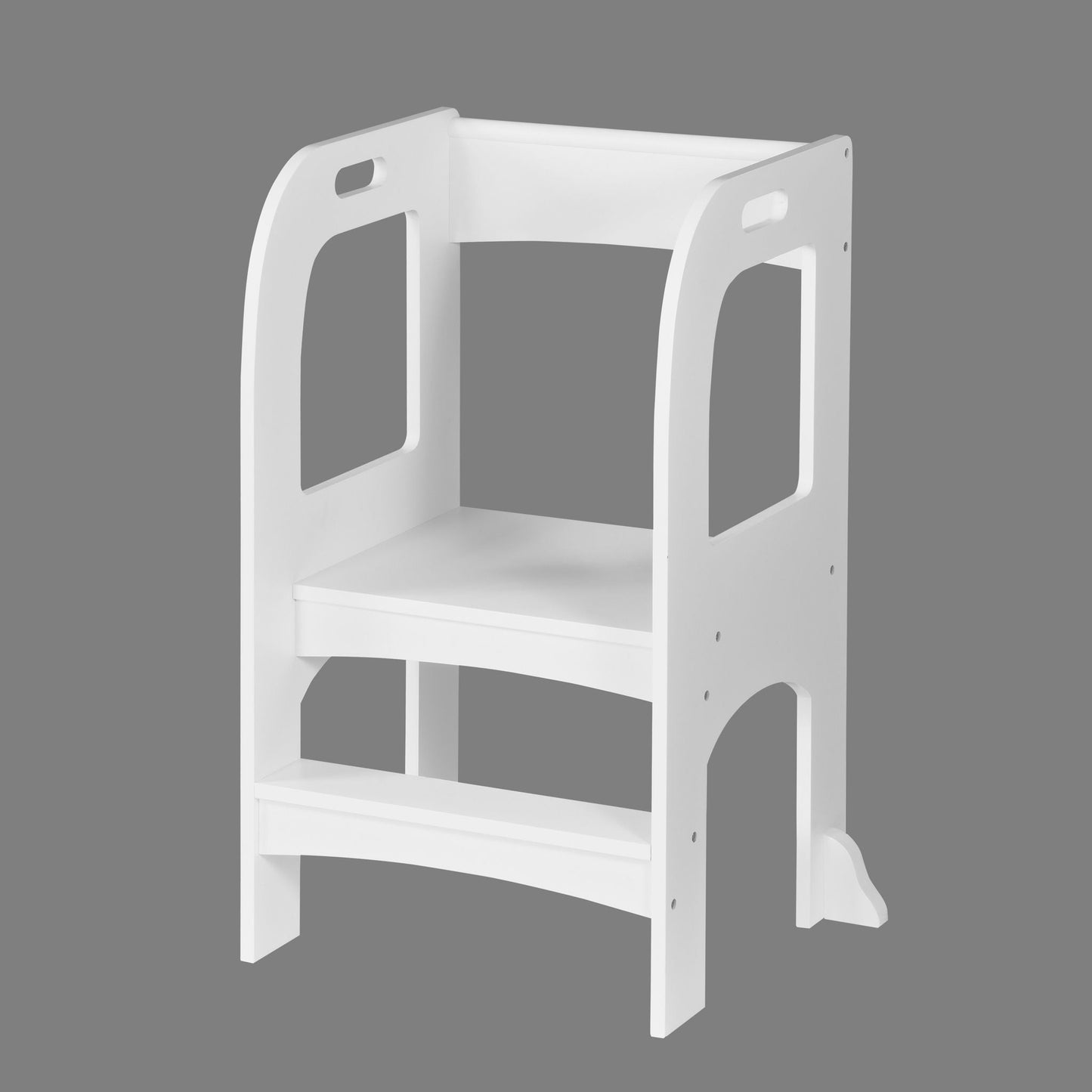 Toddler step stool white wooden standing tower with two steps and curved cutout side panels on Tampa Home & Garden Store