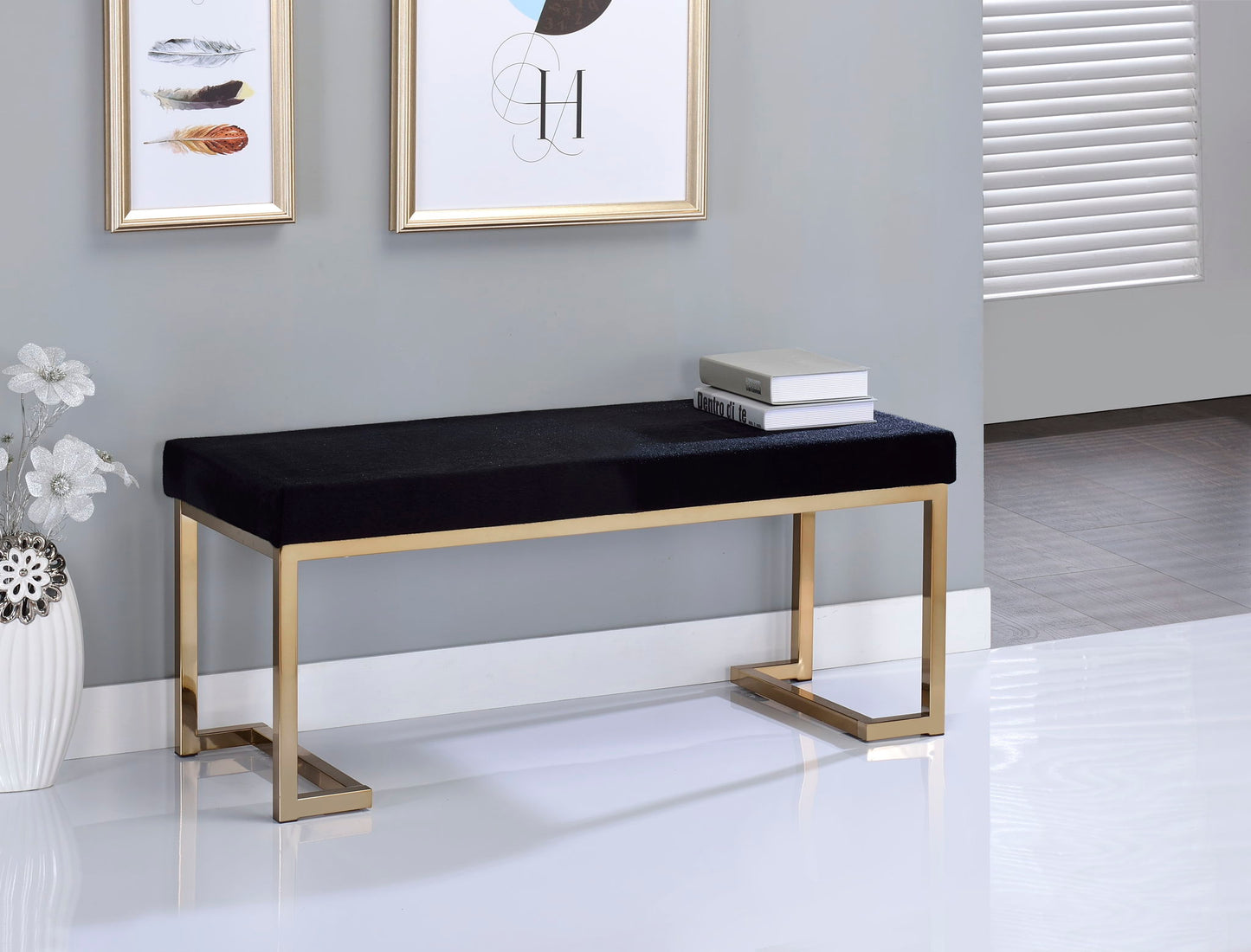 Boice bench black upholstered entryway bench with gold-tone legs on Tampa Home & Garden Store