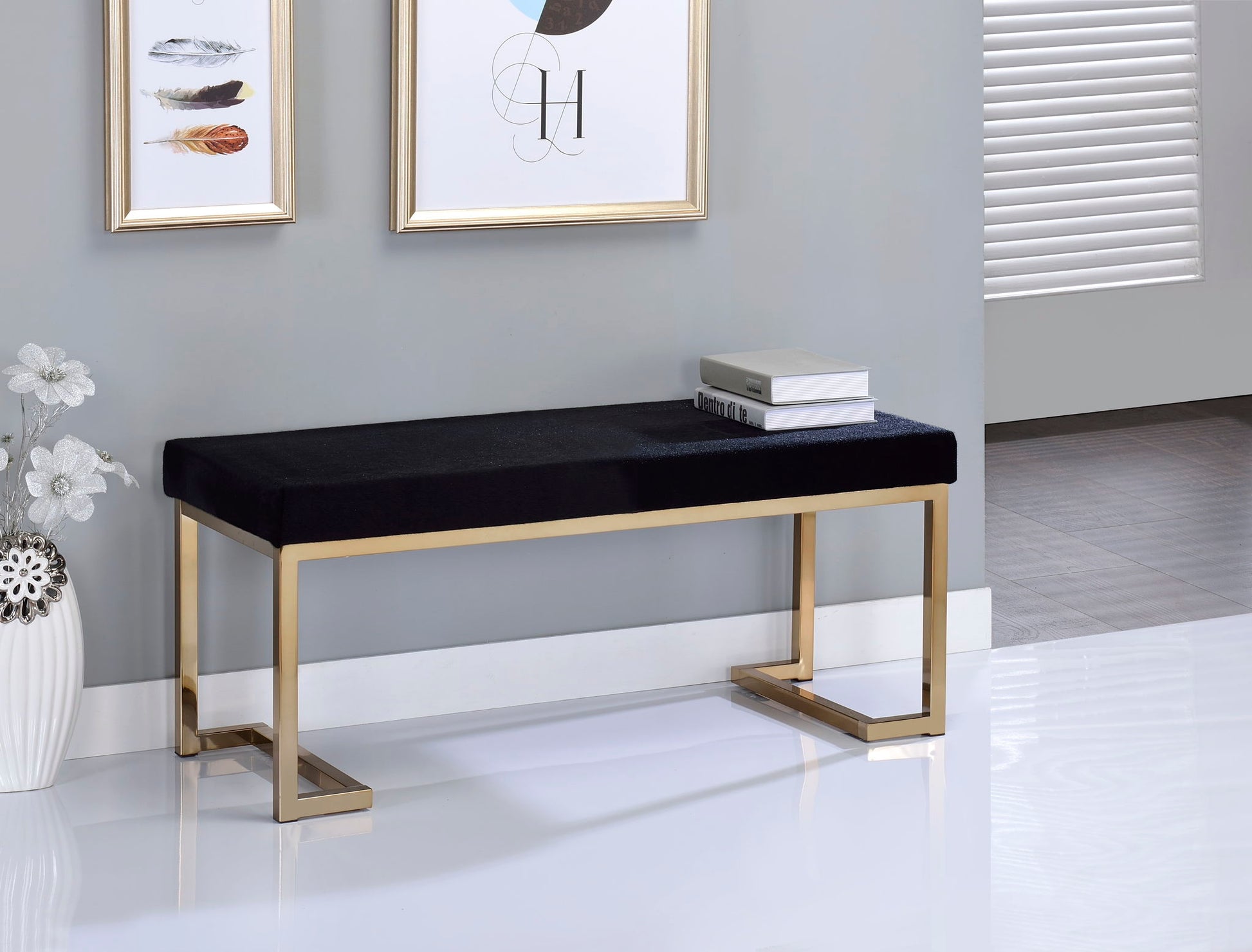 Boice bench black upholstered entryway bench with gold-tone legs on Tampa Home & Garden Store