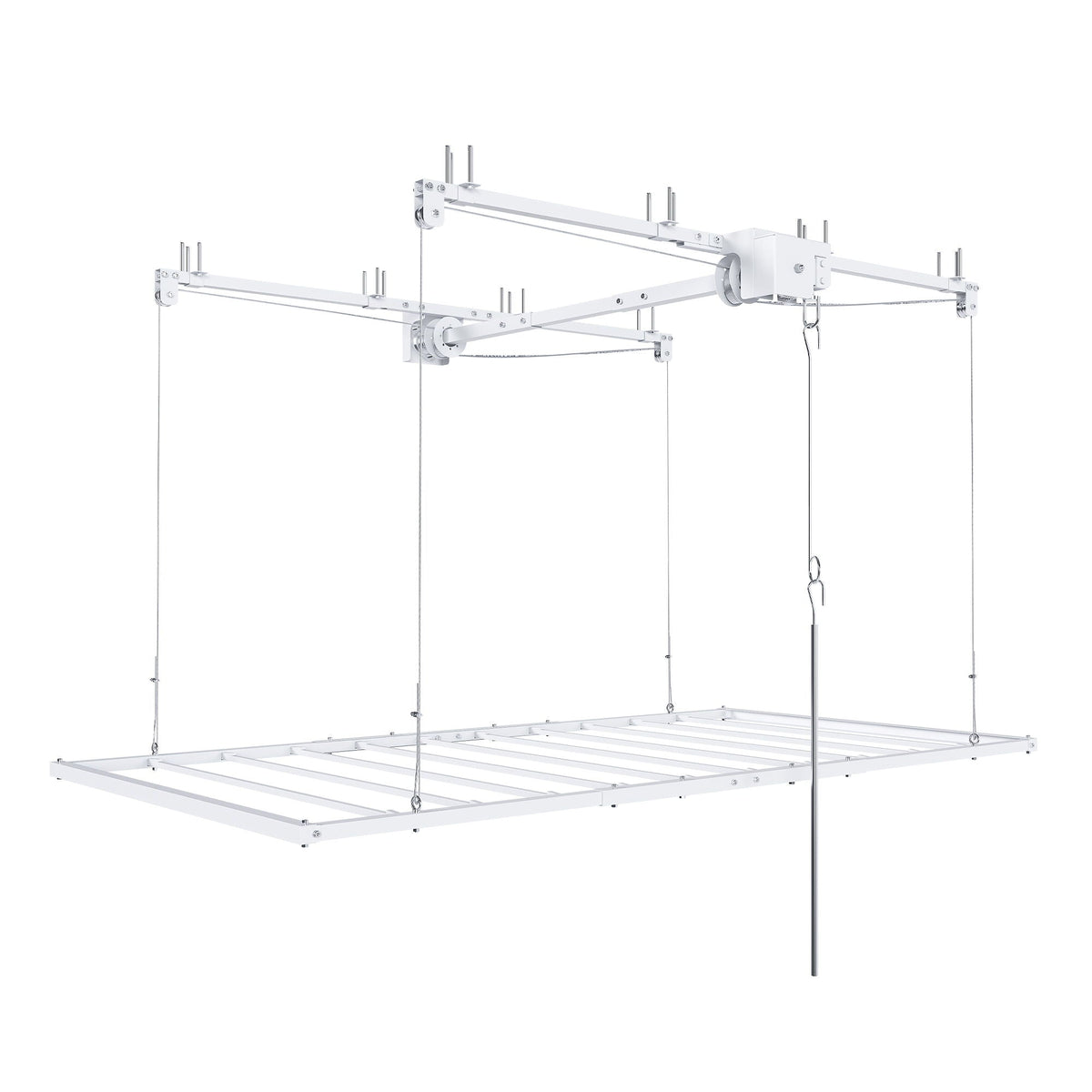 Overhead garage storage rack with crank system in white by HouseOfZazla, ceiling-mounted track on Tampa Home & Garden Store