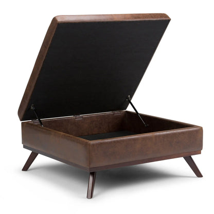Owen square storage ottoman in distressed chestnut brown with lift lid and interior storage on Tampa Home & Garden Store