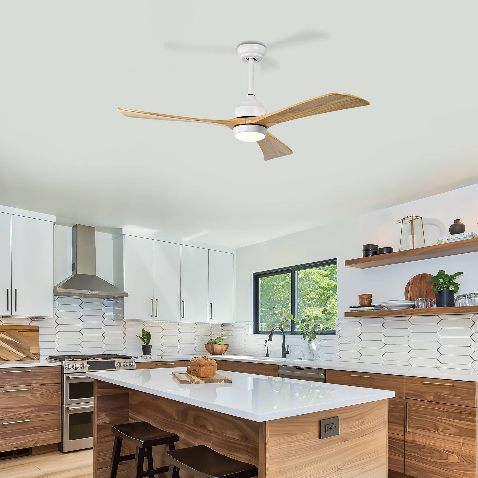 52in solid wood blade ceiling fan with light and remote, white housing, natural wood blades, HouseOfZazla on Tampa Home & Garden Store