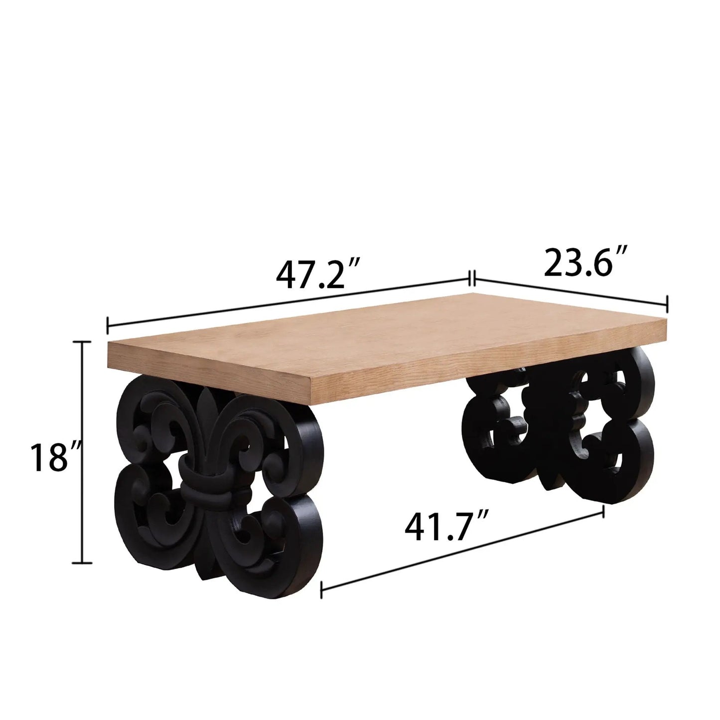 Ornate Scroll Base Coffee Table Unique Piece Furniture, light oak top with black carved base on Tampa Home & Garden Store
