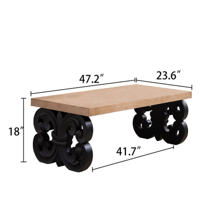 Ornate Scroll Base Coffee Table Unique Piece Furniture, light oak top with black carved base on Tampa Home & Garden Store