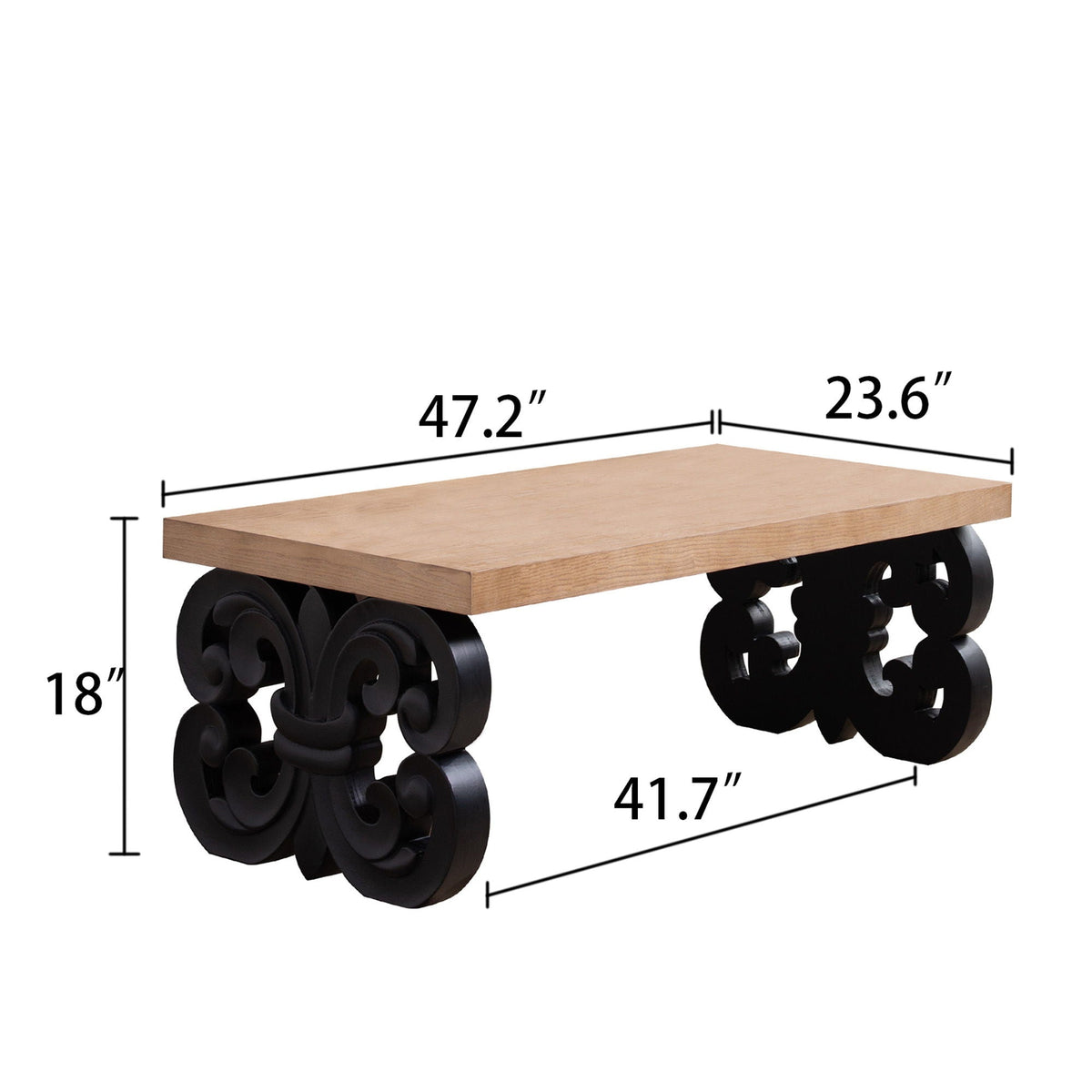 Coffee table with ornate black scroll base and rectangular natural wood top on Tampa Home & Garden Store