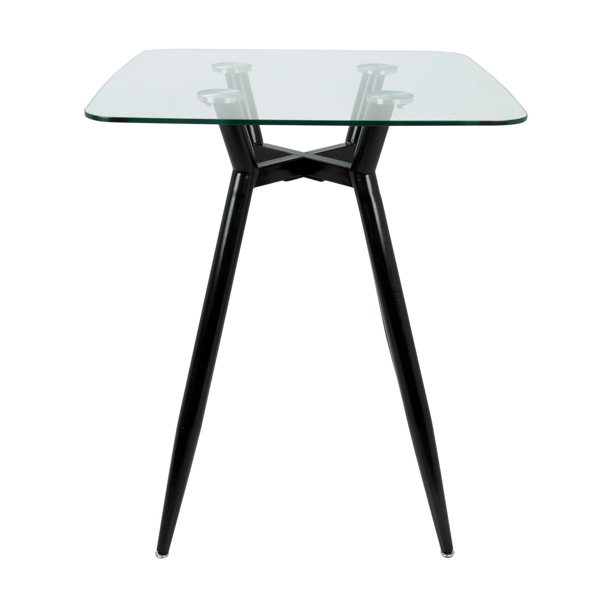 Mid Century Modern square counter table with glass top and sturdy black metal crisscross base on Tampa Home & Garden Store
