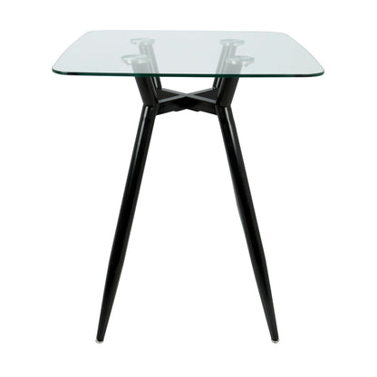 Mid Century Modern square counter table with glass top and sturdy black metal crisscross base on Tampa Home & Garden Store