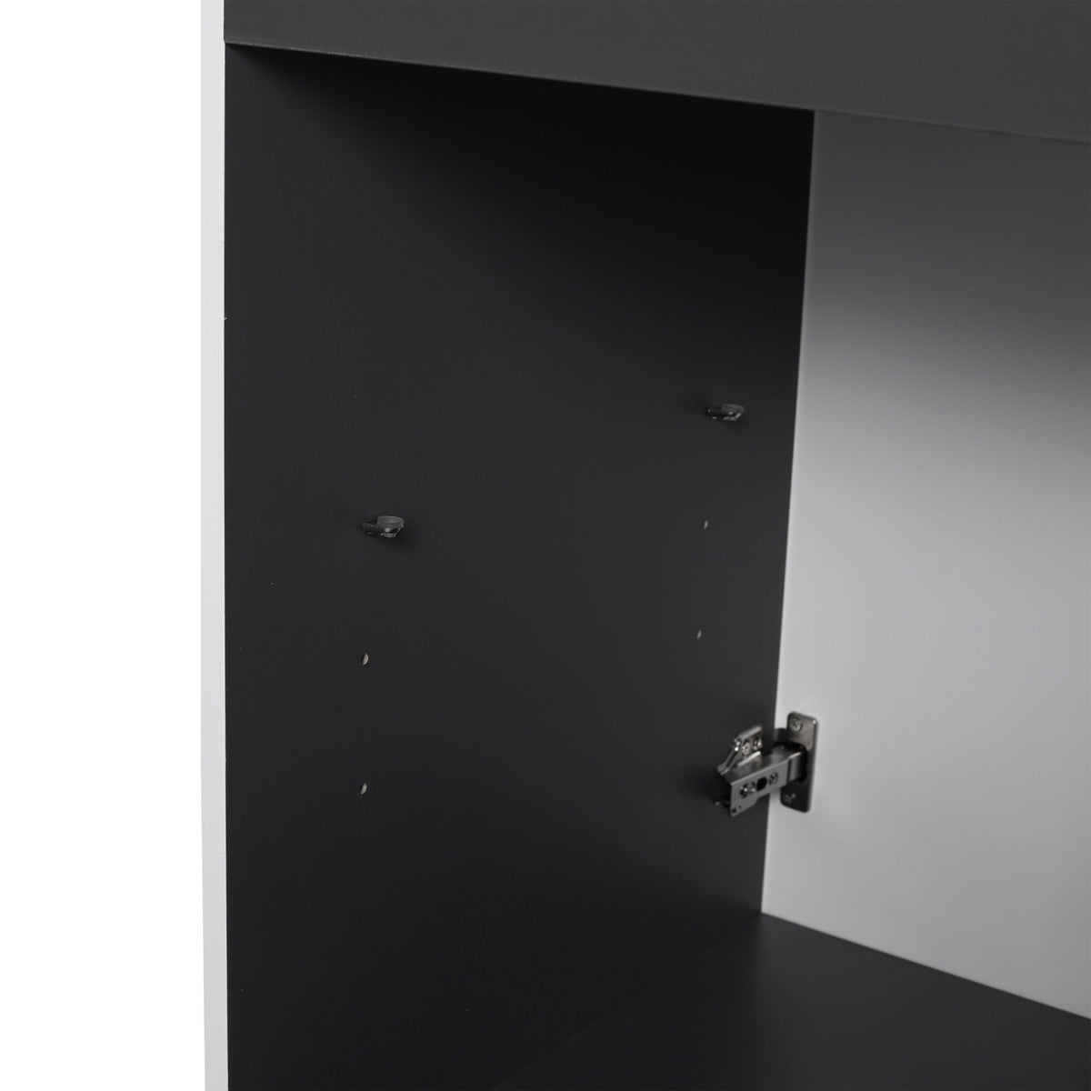 Freestanding bathroom vanity with soft-close interior cabinet in black with visible hinges on Tampa Home & Garden Store