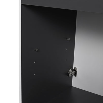 Freestanding bathroom vanity with soft-close interior cabinet in black with visible hinges on Tampa Home & Garden Store