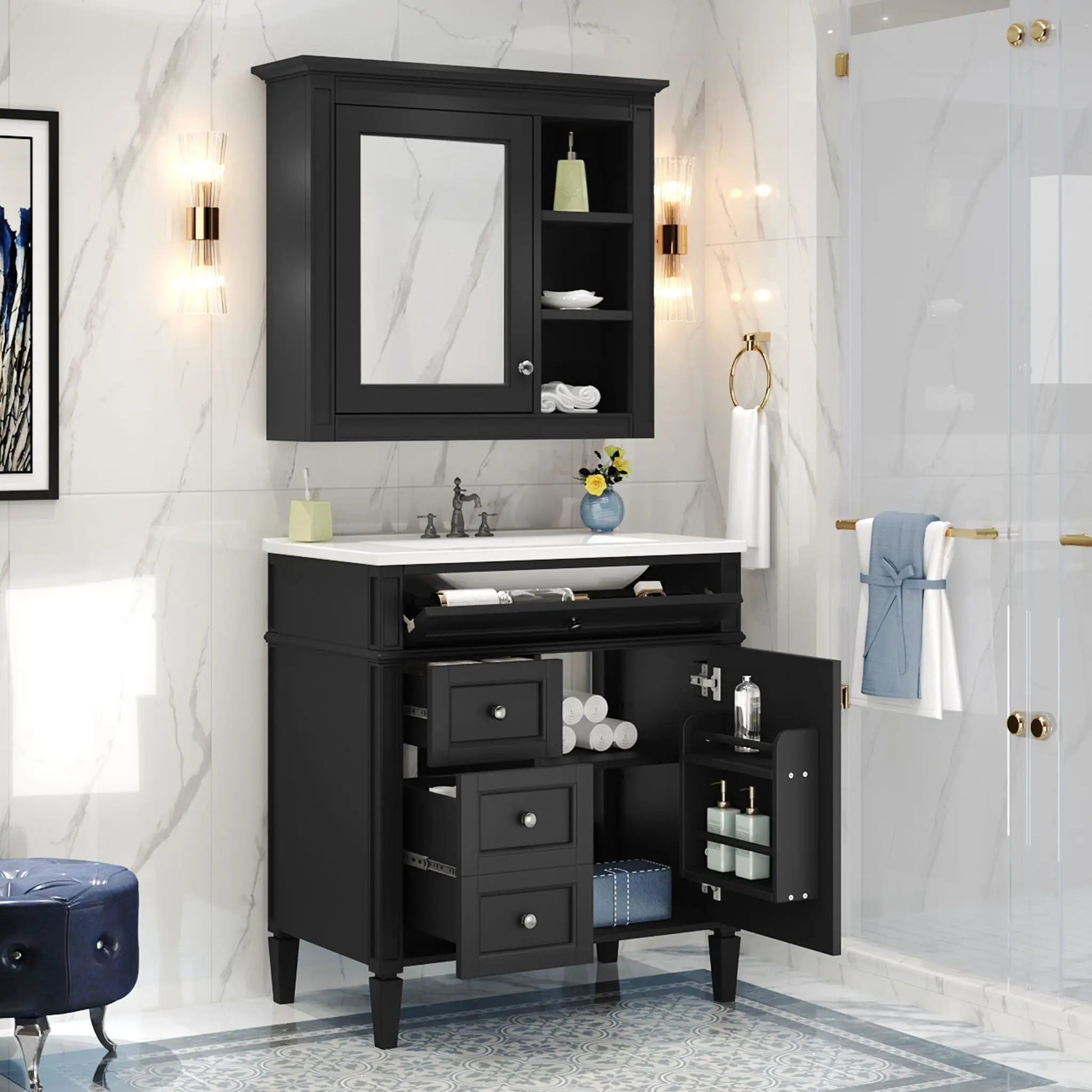 Bathroom vanity with medicine cabinet in black, modern storage with 2 doors and 4 drawers on Tampa Home & Garden Store