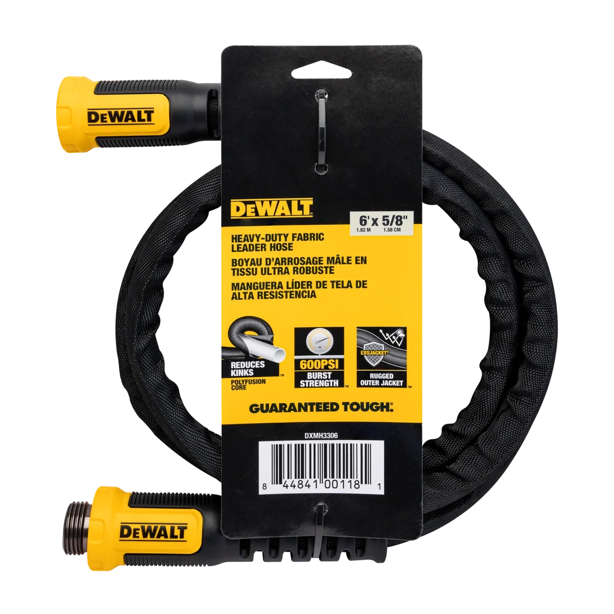 DeWalt heavy-duty fabric garden hose with yellow fittings, 6 ft x 5/8 in, rugged jacket on Tampa Home & Garden Store
