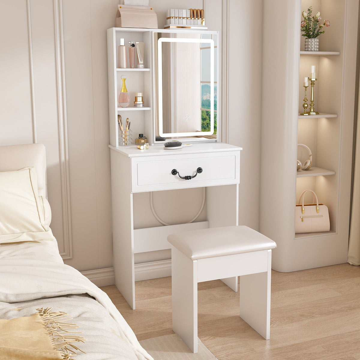 White modern dressing table vanity with LED-lit mirror and hidden storage, HouseOfZazla on Tampa Home & Garden Store