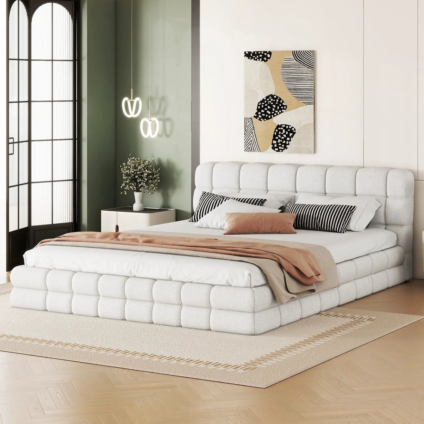 Upholstered platform bed with headboard in gray tufted fabric by Unique Piece Furniture on Tampa Home & Garden Store