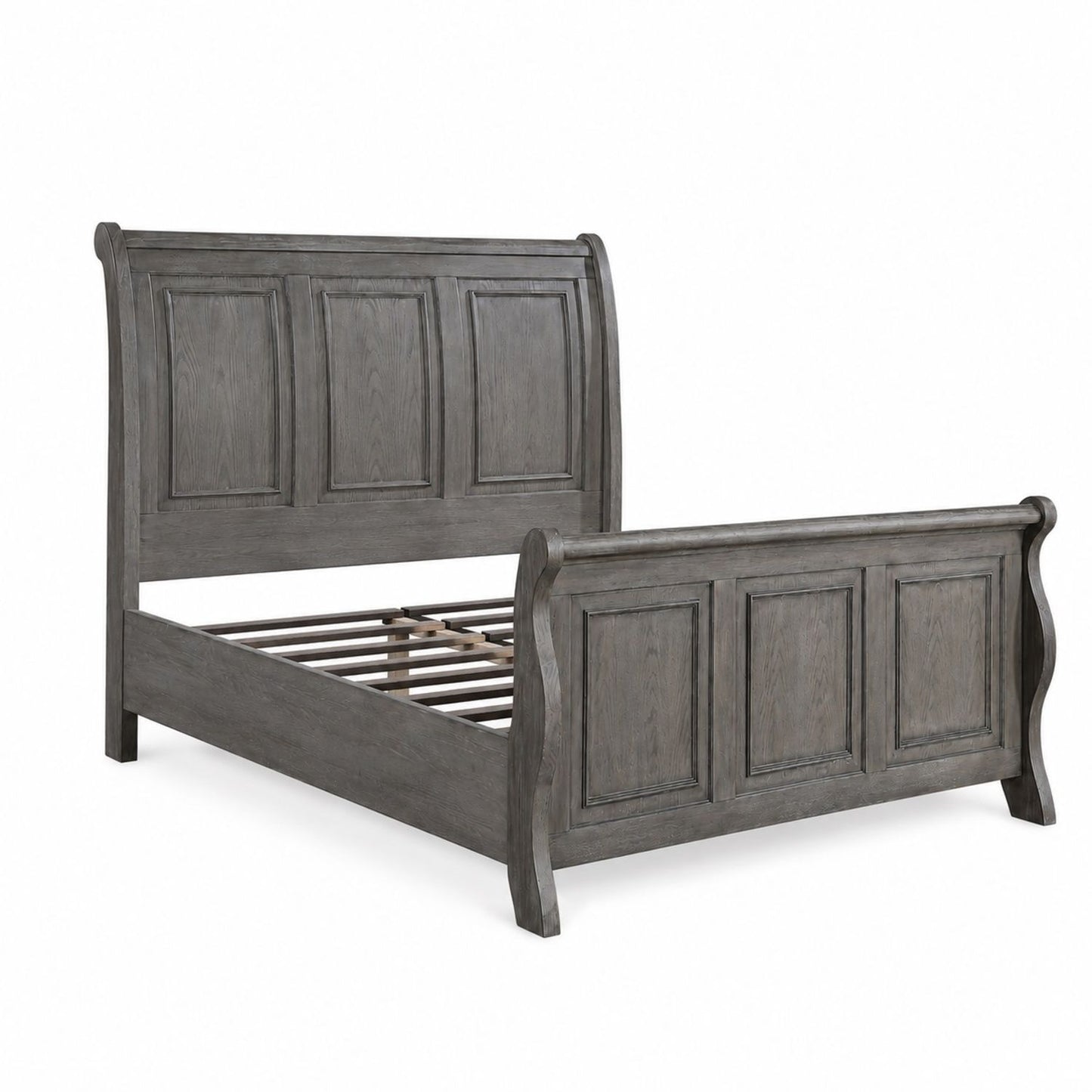 Gray panel bed frame with tall headboard and curved footboard, part of a 3-piece bedroom set on Tampa Home & Garden Store