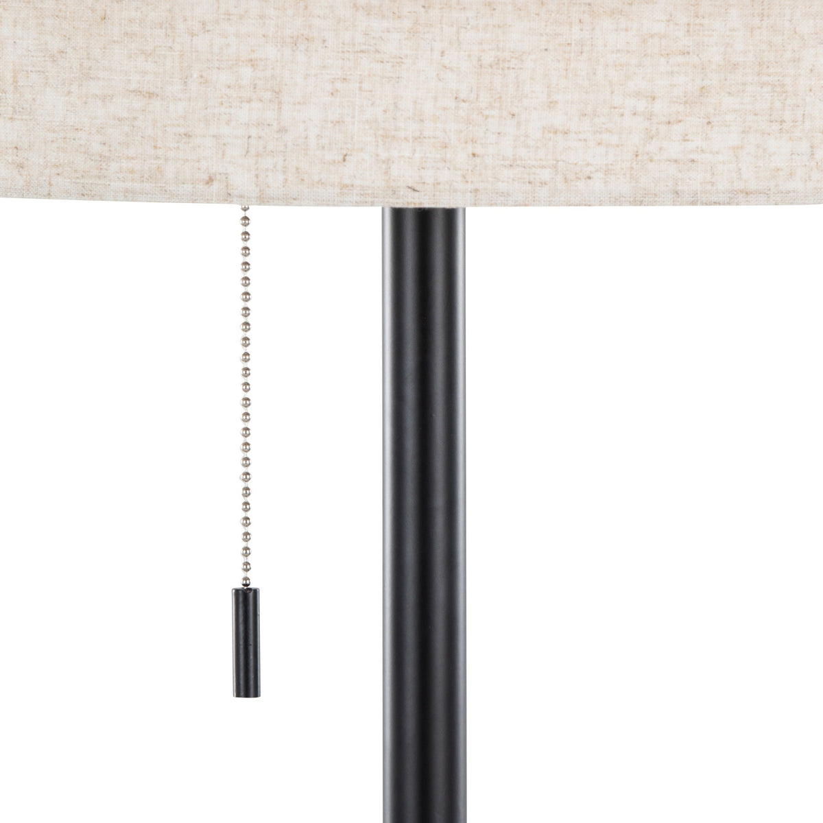 Tier Contemporary Floor Lamp HouseOfZazla beige linen shade, black metal pole, pull chain on Tampa Home & Garden Store