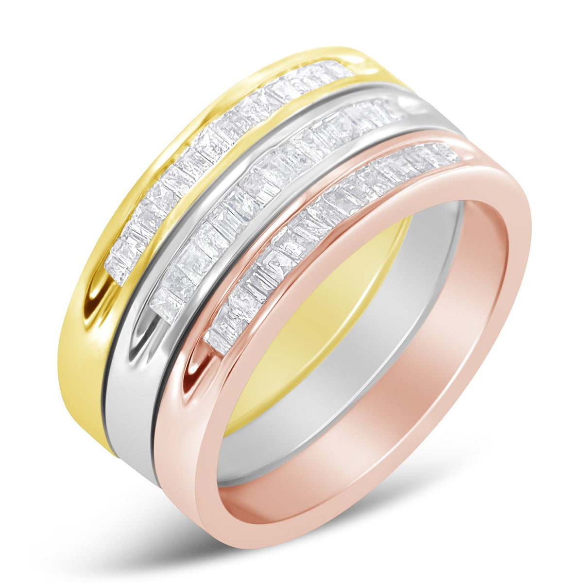 Tri-color 10K gold over sterling silver diamond channel-set rings, 5/8 Cttw, size 6 3/4 on Tampa Home & Garden Store