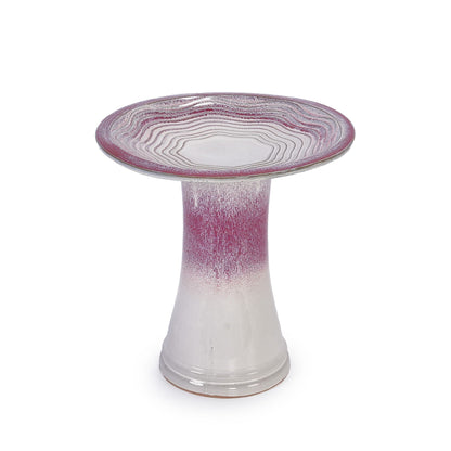 Birdbath for patio ceramic in white pink glaze with ribbed circular dish on a speckled pedestal on Tampa Home & Garden Store