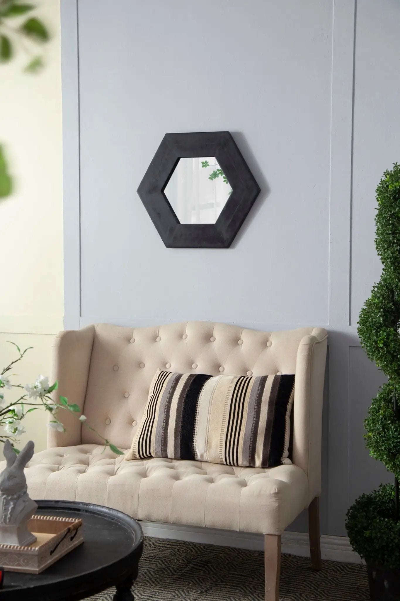 Hexagon accent mirror with dark wood frame on pale blue wall by Unique Piece Furniture on Tampa Home & Garden Store