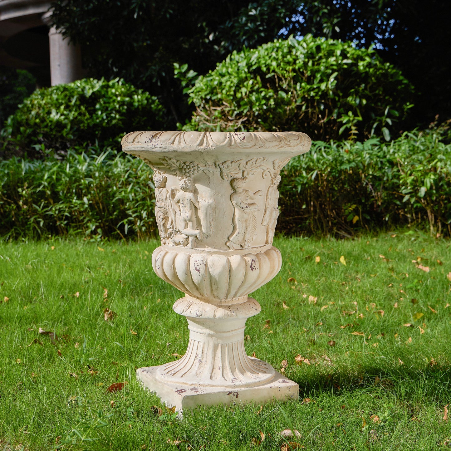 Garden Urn antique white 27in H decorative stone pedestal HouseOfZazla garden sculpture on Tampa Home & Garden Store