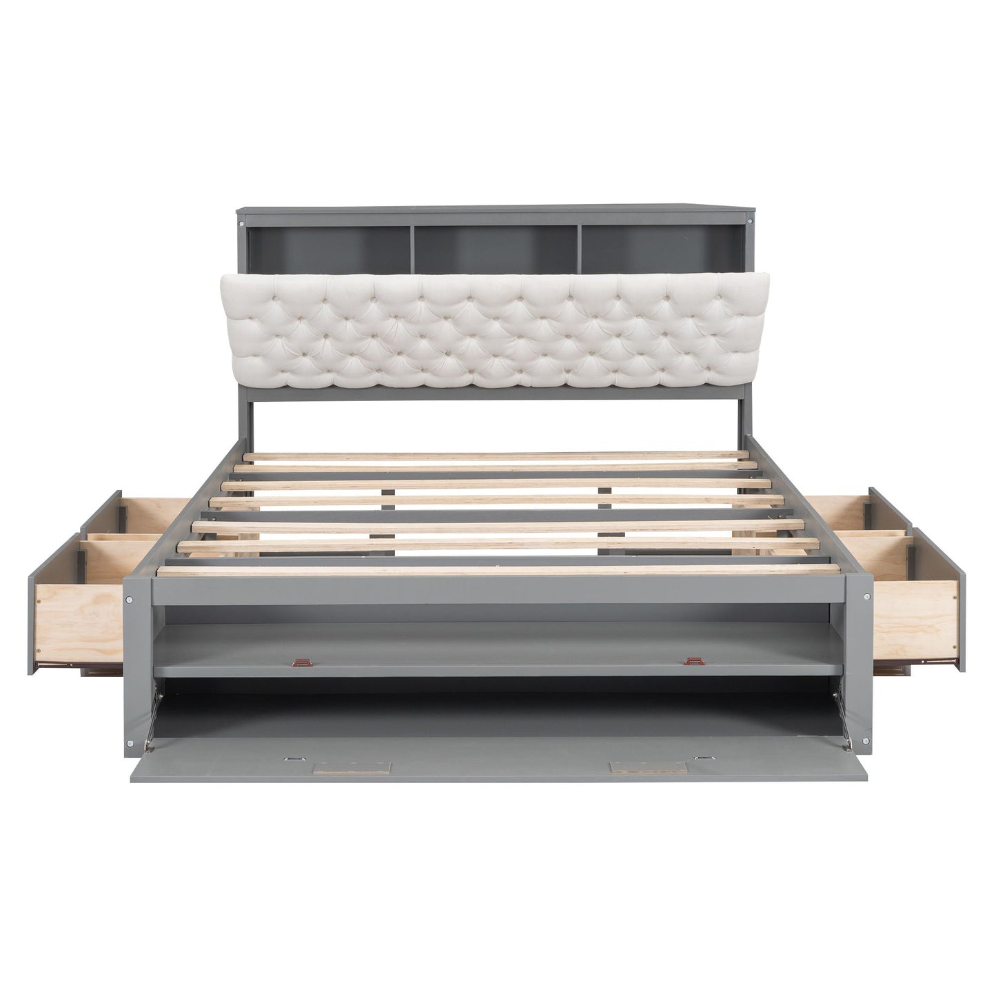 Platform bed with tufted storage headboard, gray frame, shoe rack and four drawers on Tampa Home & Garden Store