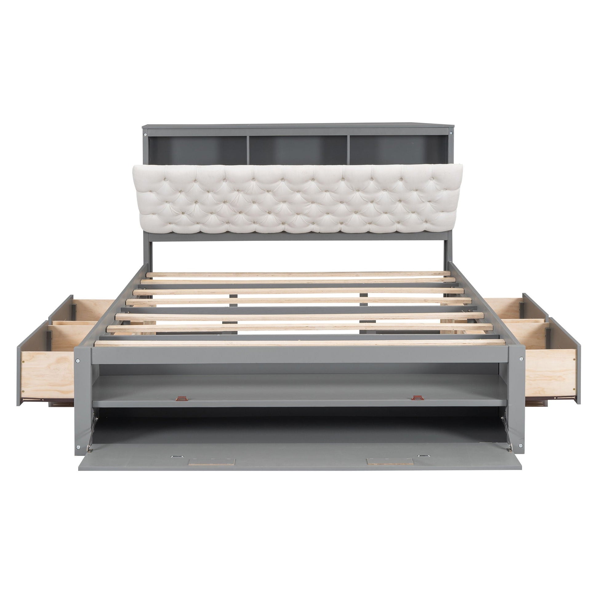 Platform bed with tufted storage headboard, gray frame, shoe rack and four drawers on Tampa Home & Garden Store