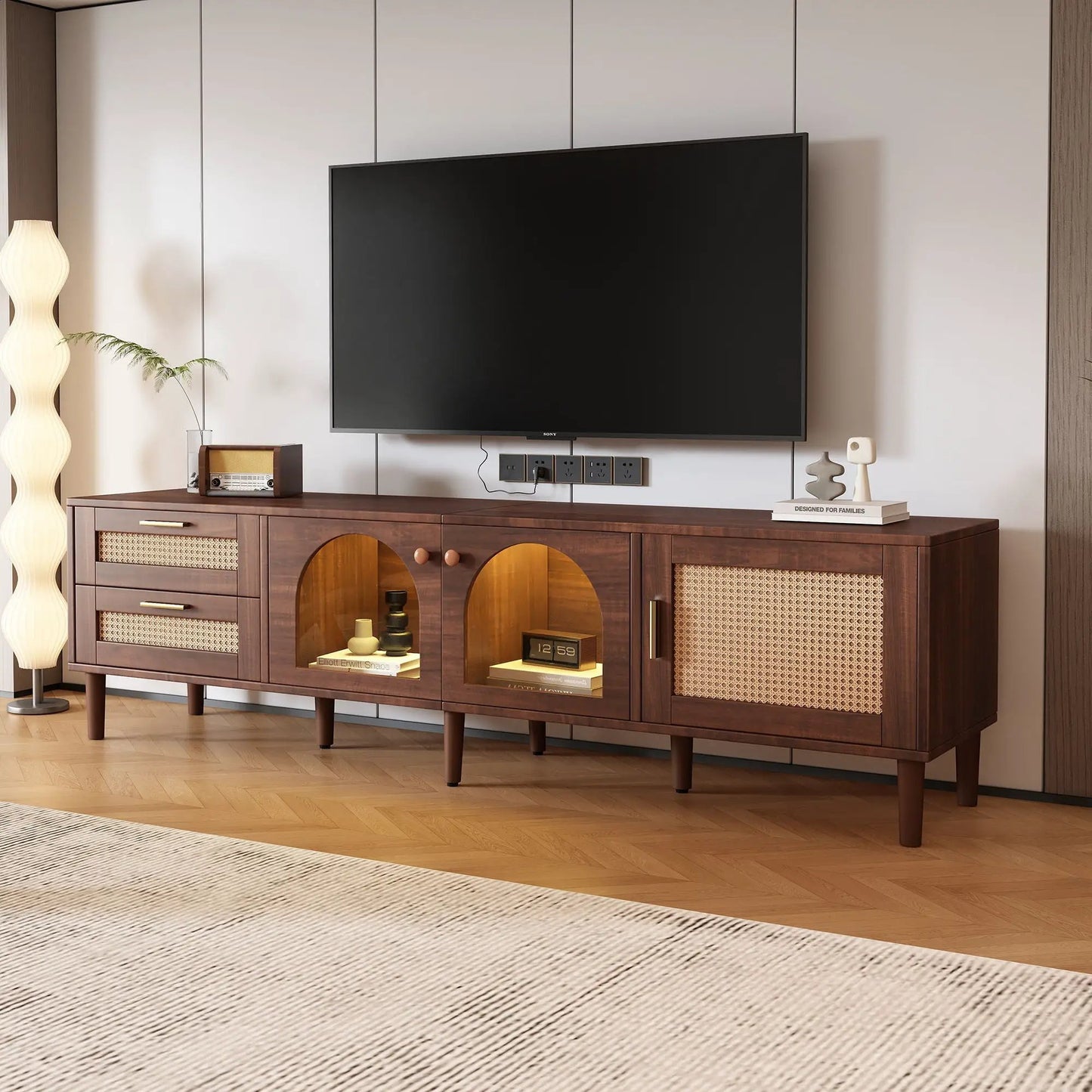 TV Stand With 3 Cabinets and 2 Drawers LED Light