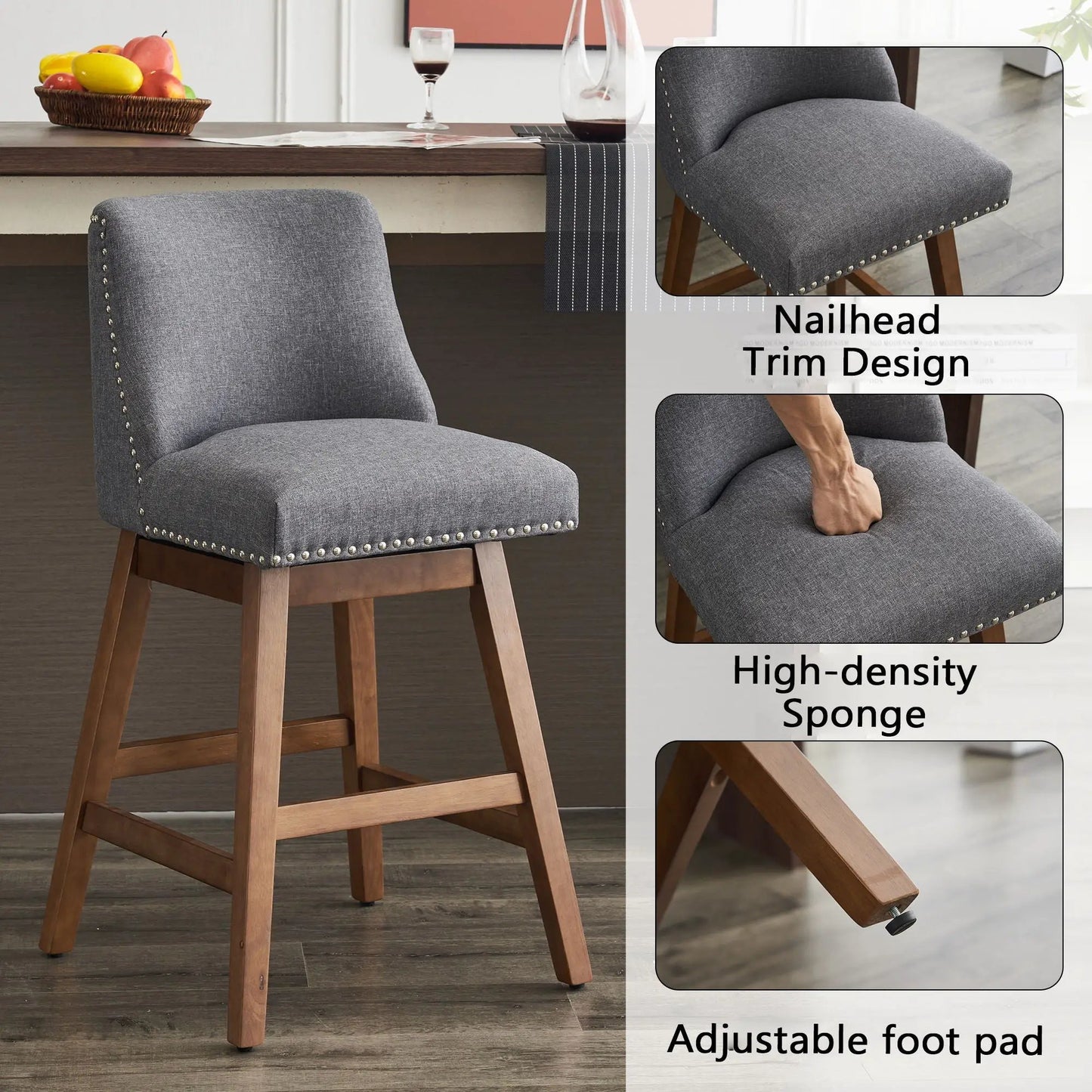Upholstered Swivel Bar Stool with Soft Fabric