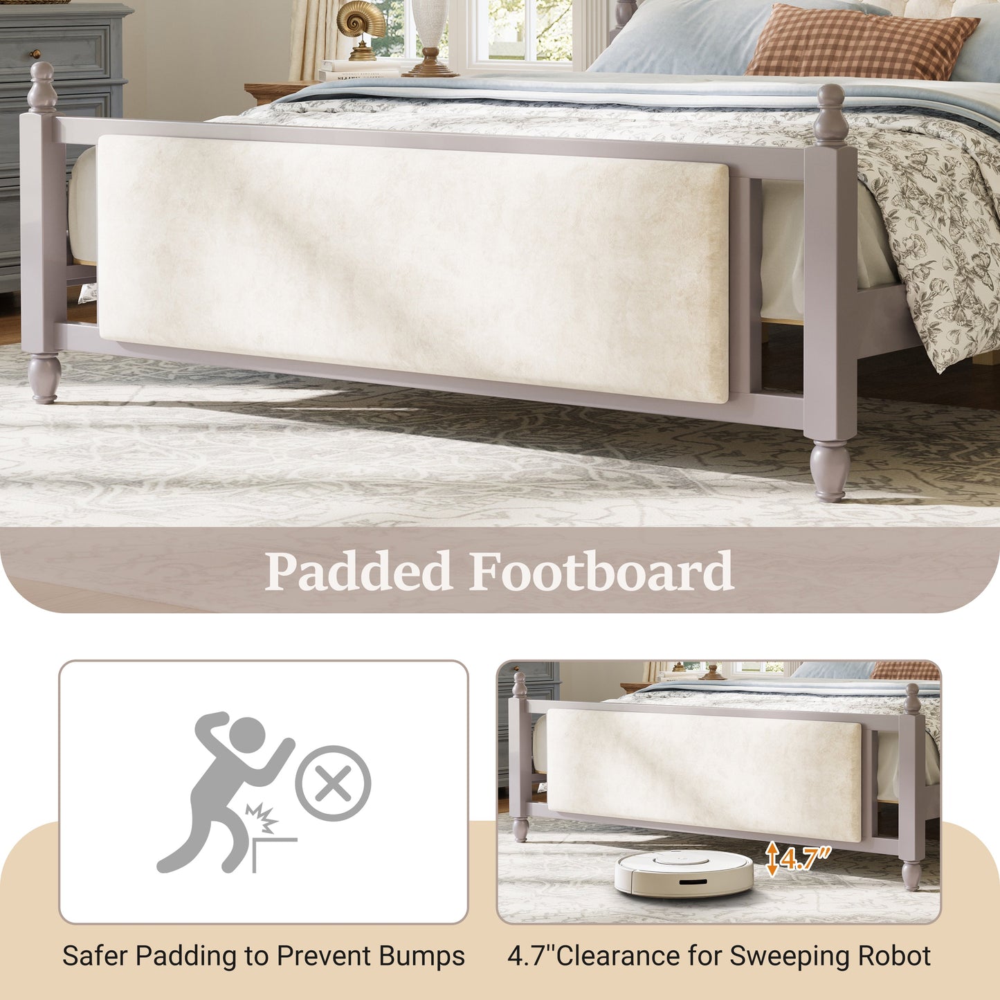 King size upholstered bed with tufted headboard in frame and beige footboard HouseOfZazla on Tampa Home & Garden Store
