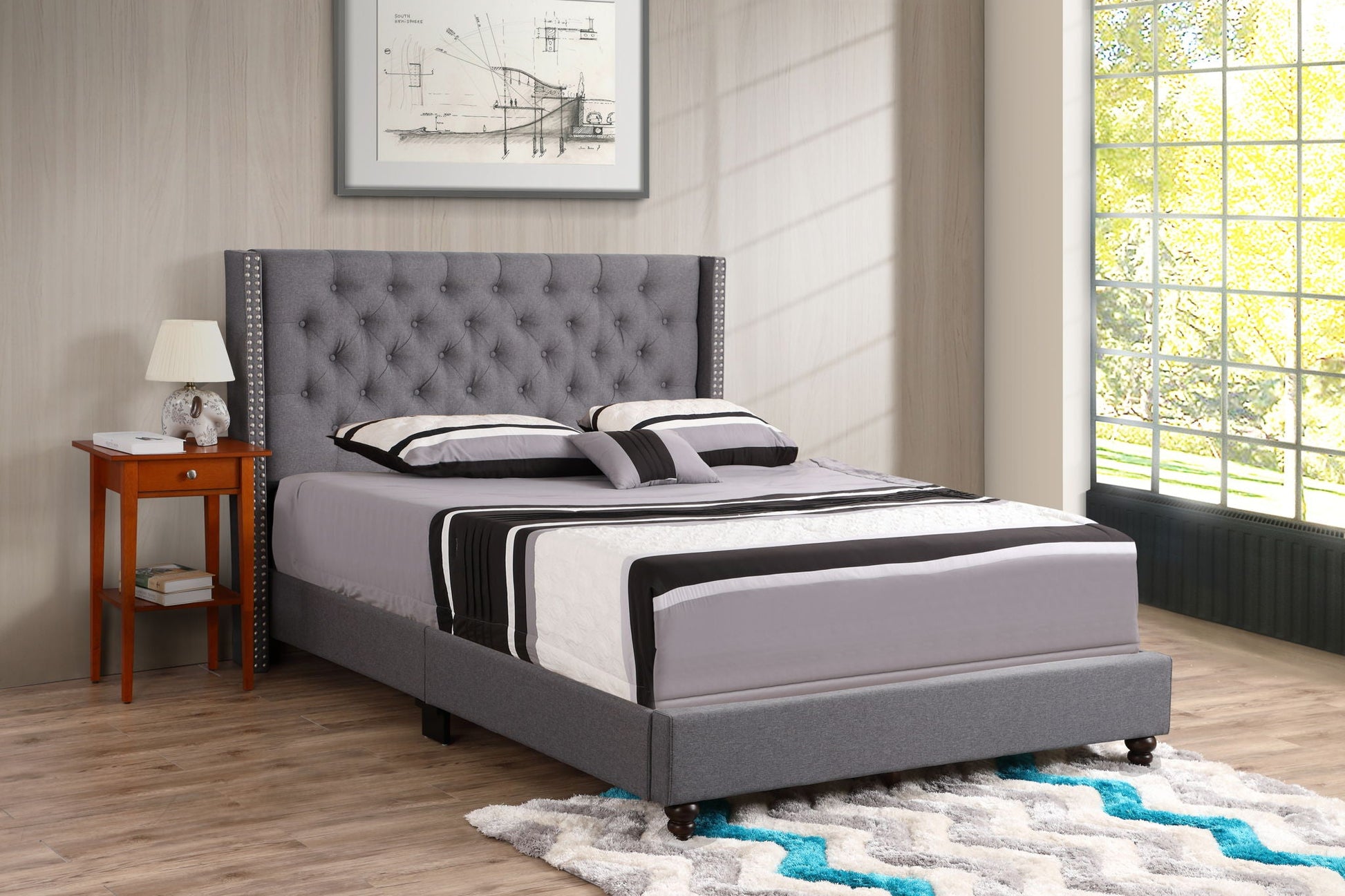Nailhead Bed Transitional Vibrant gray upholstered bed with tufted headboard HouseOfZazla on Tampa Home & Garden Store
