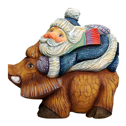 Santa on Boar sculpted hand-painted Christmas ornament with blue cloak riding a brown boar on Tampa Home & Garden Store