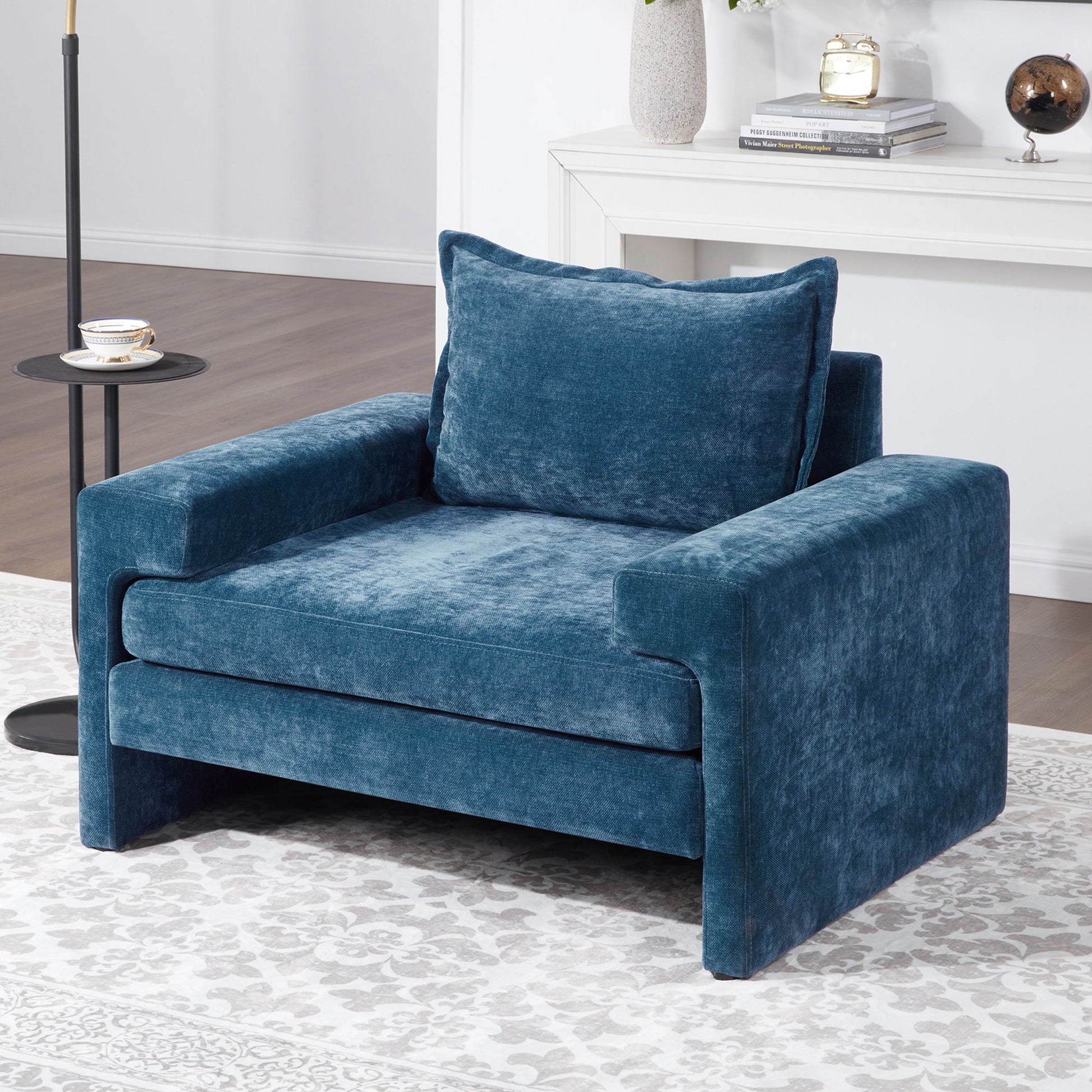 Upholstered Accent Chair by HouseOfZazla in blue velvet with wide arms on Tampa Home & Garden Store