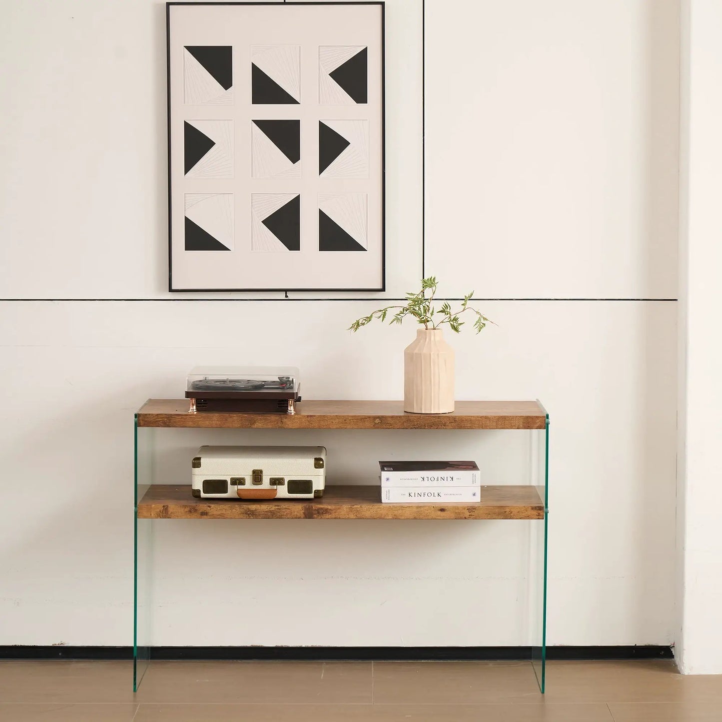 Durable side table with wood top and glass legs in living room setting on Tampa Home & Garden Store