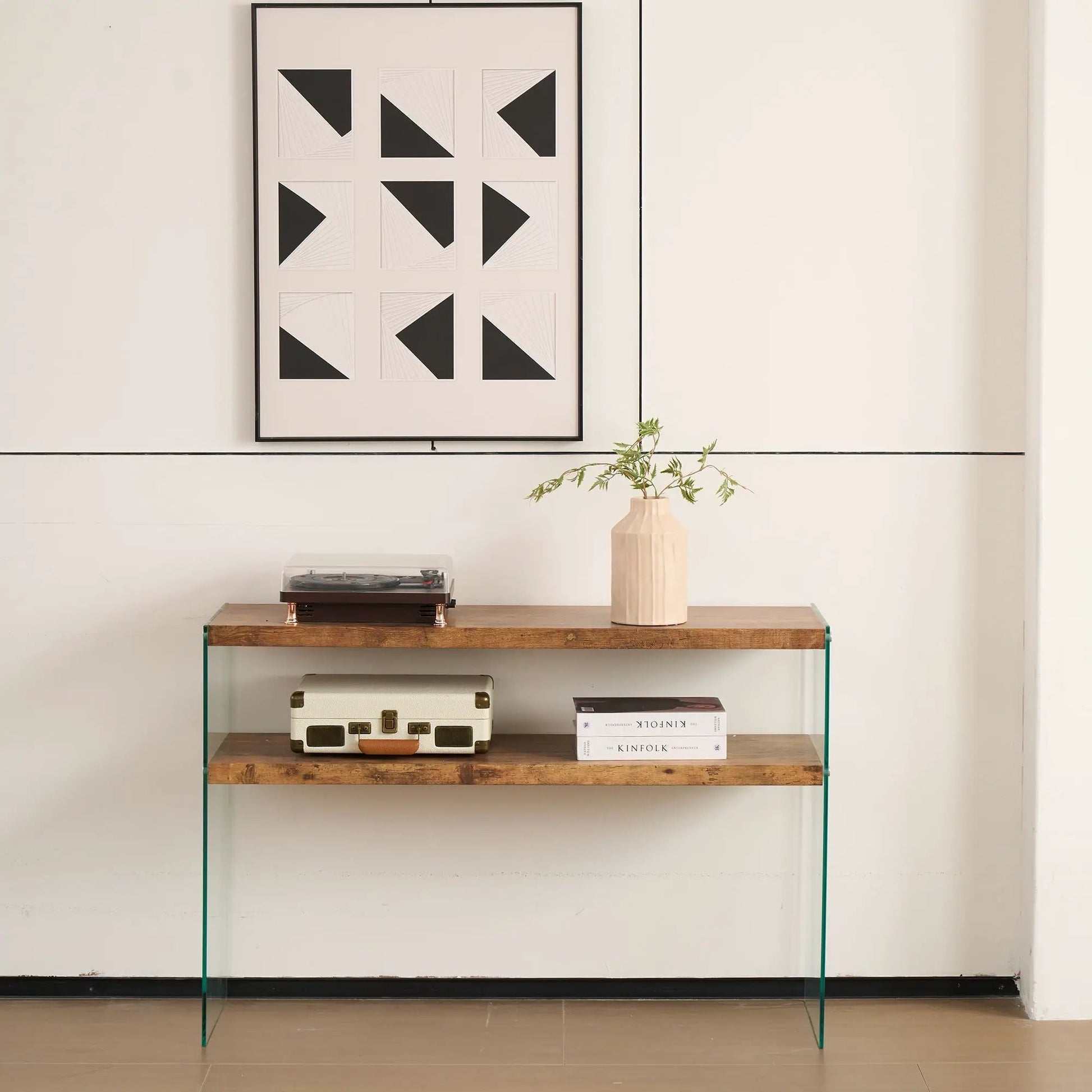 Durable side table with wood top and glass legs in living room setting on Tampa Home & Garden Store