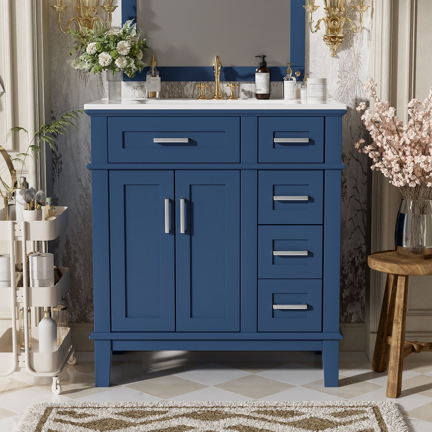 Bathroom vanity by HouseOfZazla with sink in blue, brass faucet hardware, deep drawers on Tampa Home & Garden Store