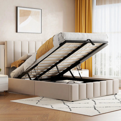 Elegant upholstered platform bed with hydraulic storage lift, beige upholstery and black metal frame on Tampa Home & Garden Store