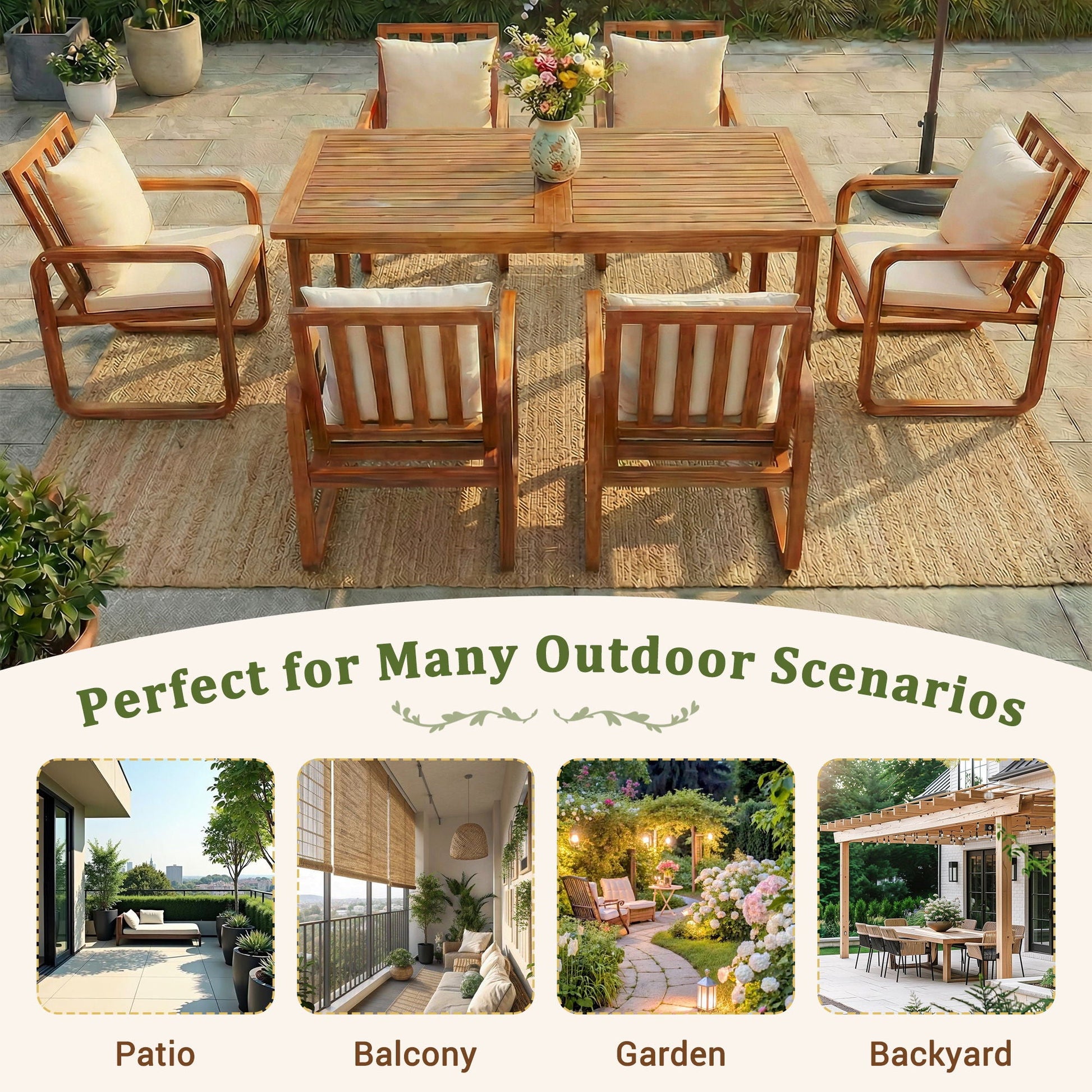 7 Piece Outdoor Patio Dining Set with Removable Cushions, teak slat table and six cushioned chairs on Tampa Home & Garden Store