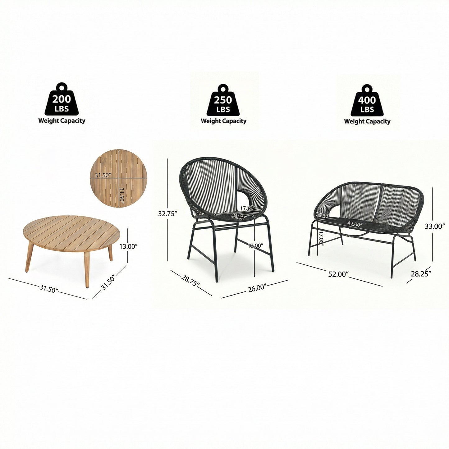 Nusa Outdoor Patio 4 Piece Chat Set with Table