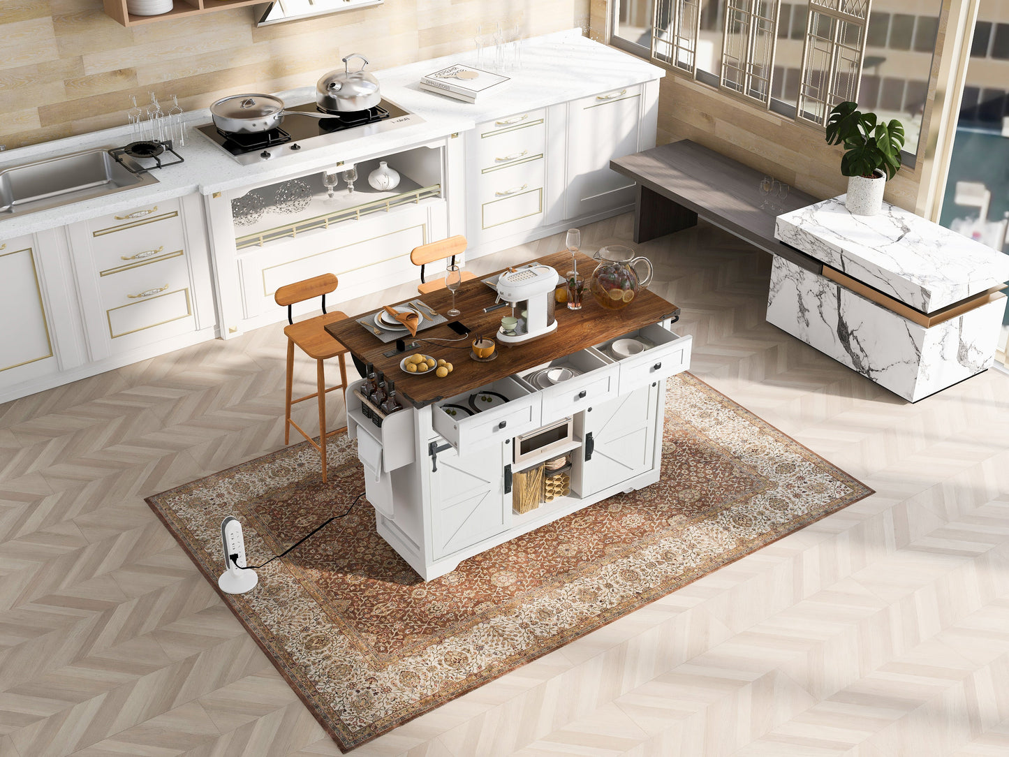 Kitchen island K&K 53.7in farmhouse white finish with marble top and open shelf storage on Tampa Home & Garden Store