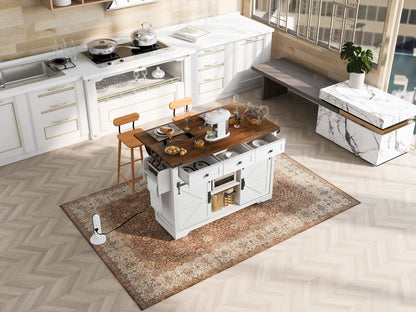 Kitchen island K&K 53.7in farmhouse white finish with marble top and open shelf storage on Tampa Home & Garden Store