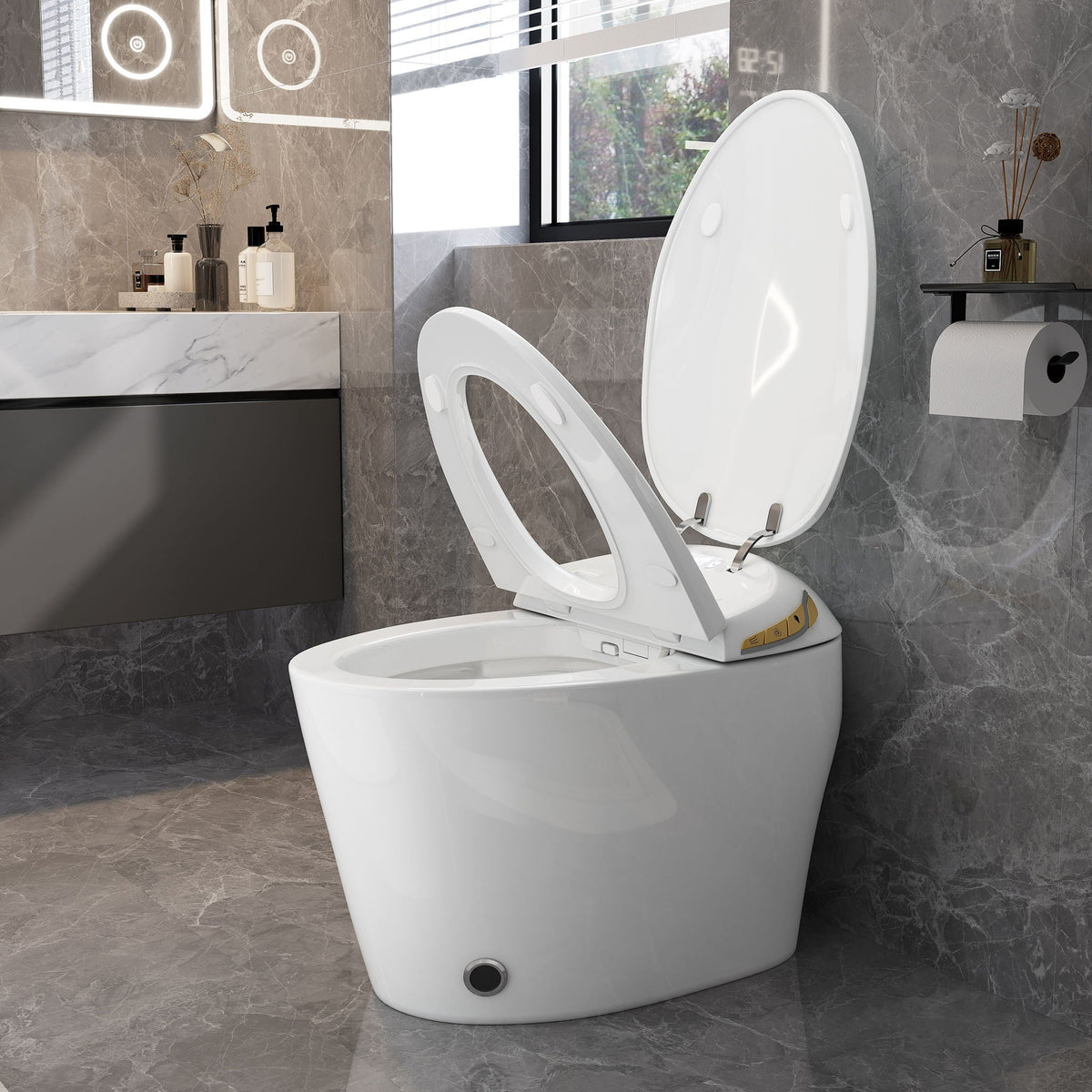Smart toilet with ceramic bidet in white porcelain, modern bathroom fixture on Tampa Home & Garden Store