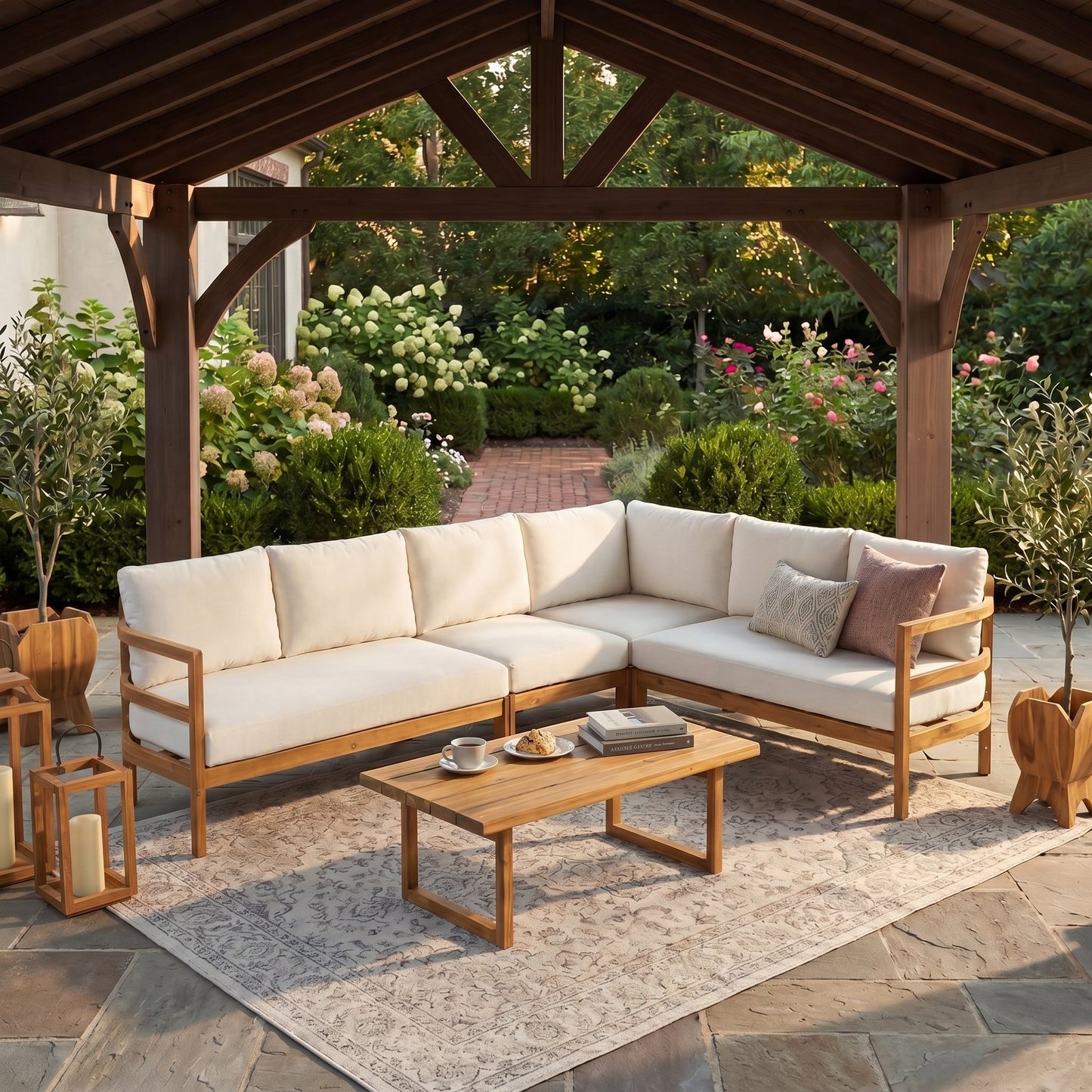 Outdoor Acacia Wood 5-Seater Sectional Sofa Set with cream cushions, HouseOfZazla on Tampa Home & Garden Store