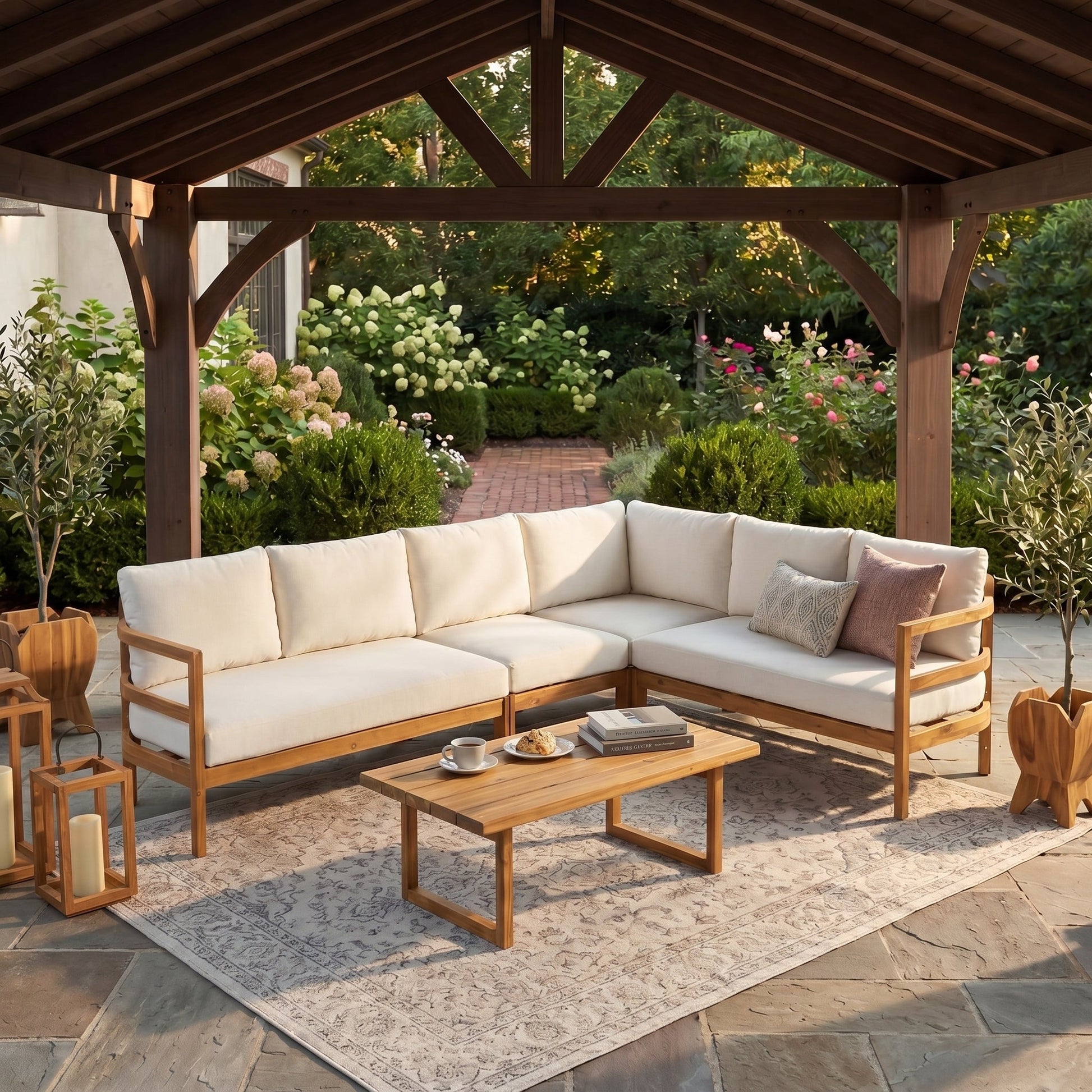 Outdoor Acacia Wood 5-Seater Sectional Sofa Set with cream cushions, HouseOfZazla on Tampa Home & Garden Store
