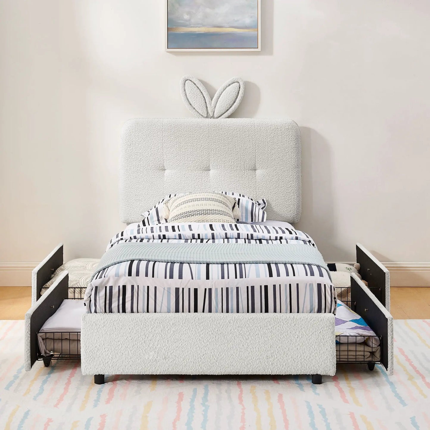 Upholstered Bed with Rabbit Ear Headboard and LED