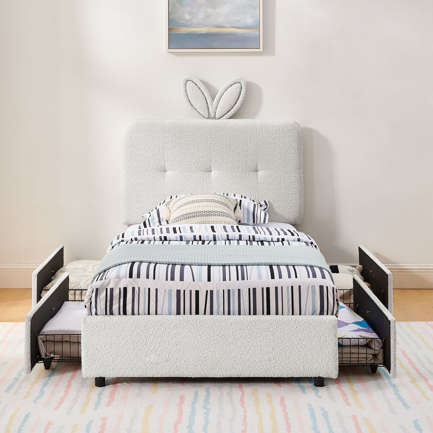 Upholstered Bed with Rabbit Ear and Led Drawers