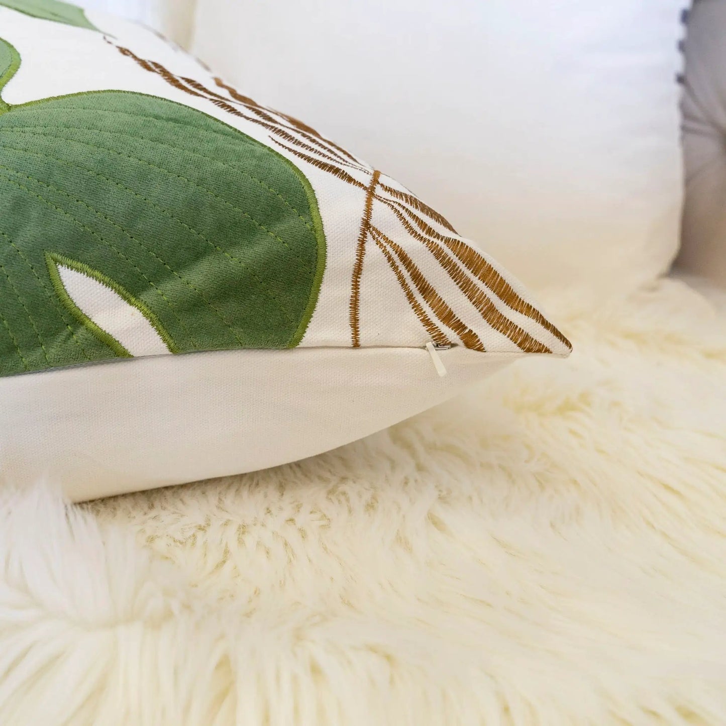 Autumn Vibes Leaf Accent Pillow green leaf quilted on white surface by Unique Piece Furniture on Tampa Home & Garden Store
