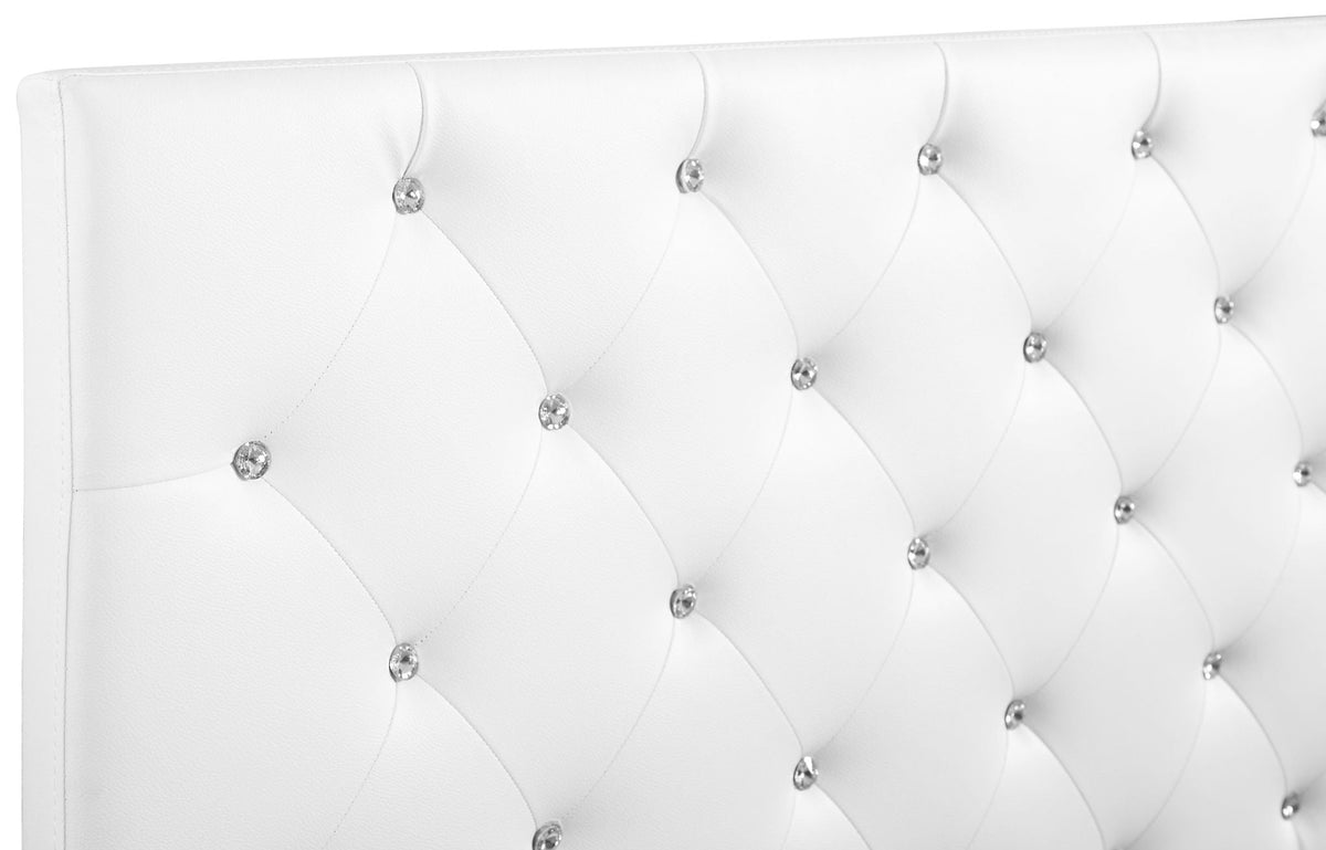 Upholstered white headboard with button tufting and crystal buttons on Tampa Home & Garden Store