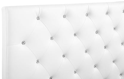 Upholstered white headboard with button tufting and crystal buttons on Tampa Home & Garden Store