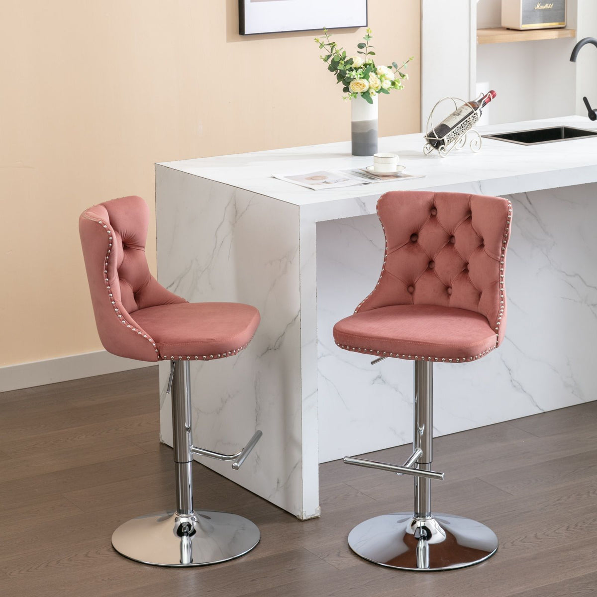 Two pink tufted swivel bar stools set of 2 with chrome bases and nailhead trim HouseOfZazla on Tampa Home & Garden Store