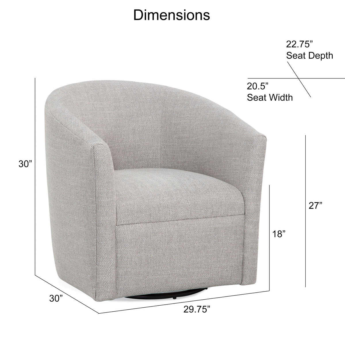 Lainey Swivel Barrel Chair in light grey herringbone fabric with 360 rotation, HouseOfZazla on Tampa Home & Garden Store