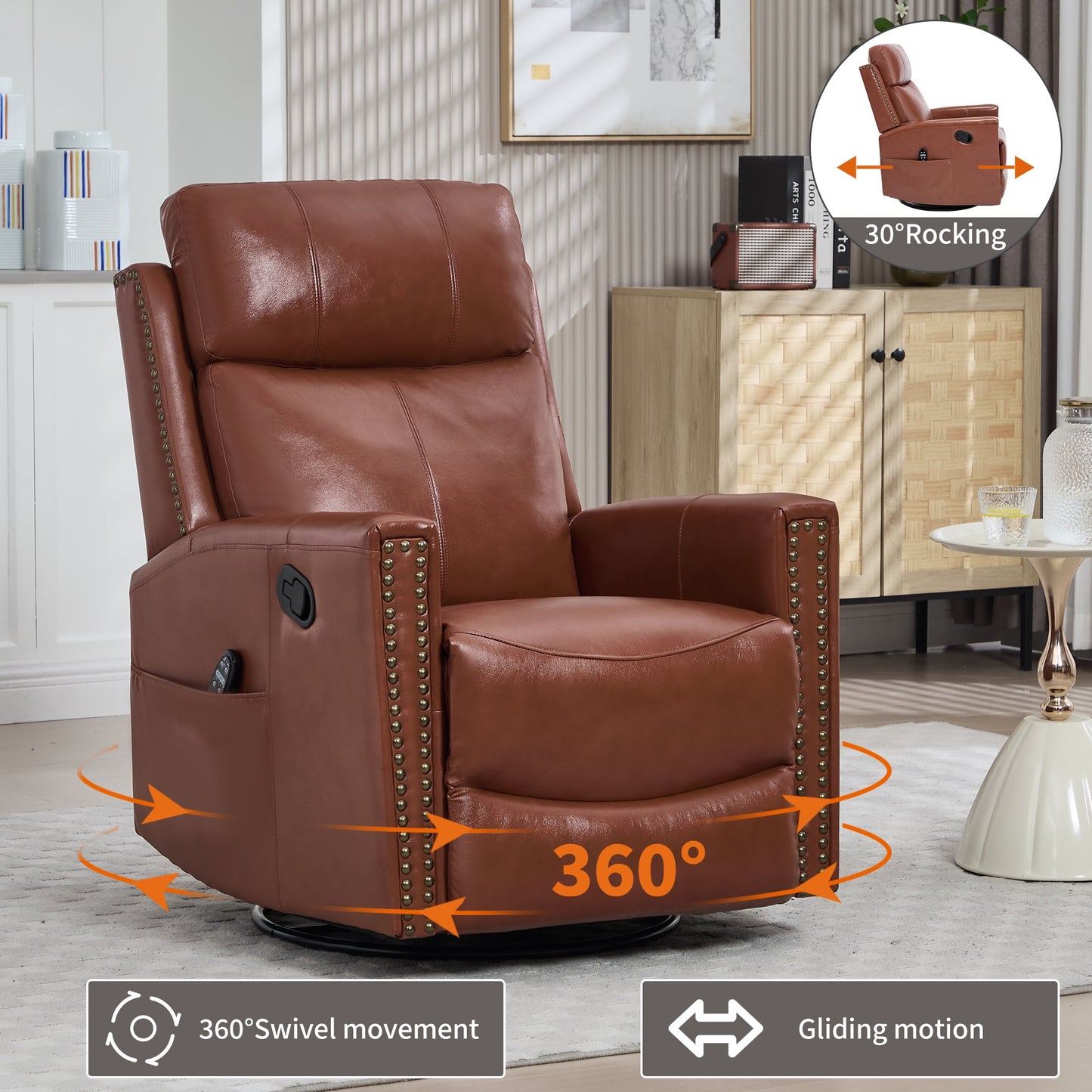 Red genuine leather heat massage manual recliner chair by HouseOfZazla, 360° swivel on Tampa Home & Garden Store
